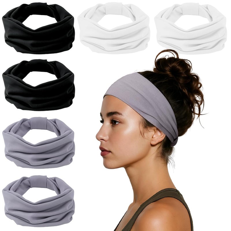 HSEM Headbands for Women, Wide Elastic Head Bands, Non-Slip Thick Hair Bands, Sports Stretchy Sweat Bands, Large Knotted Soft Headband for Washing Face, Makeup, Workout, Spa, Two Black/White/Gray - Image 1